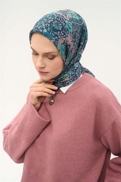 Tencel Monare Eşarp Floral Desen Petrol Yeşili 90X90