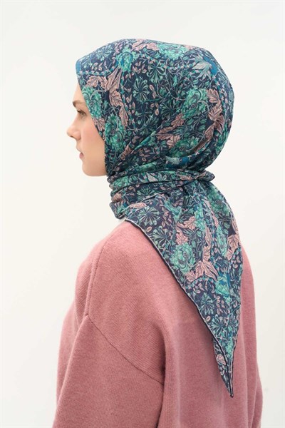 Tencel Monare Eşarp Floral Desen Petrol Yeşili 90X90