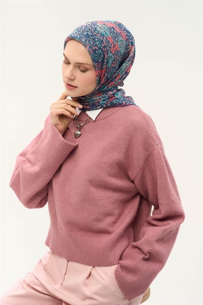 Tencel Monare Eşarp Floral Desen Petrol Mavisi, 90X90