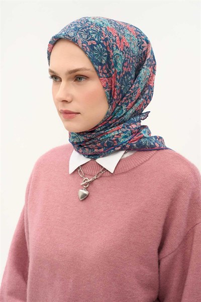 Tencel Monare Eşarp Floral Desen Petrol Mavisi, 90X90