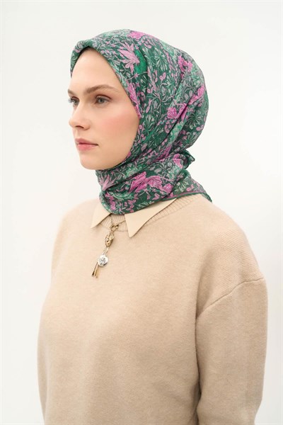 Tencel Monare Eşarp Floral Desen Yeşil 90X90