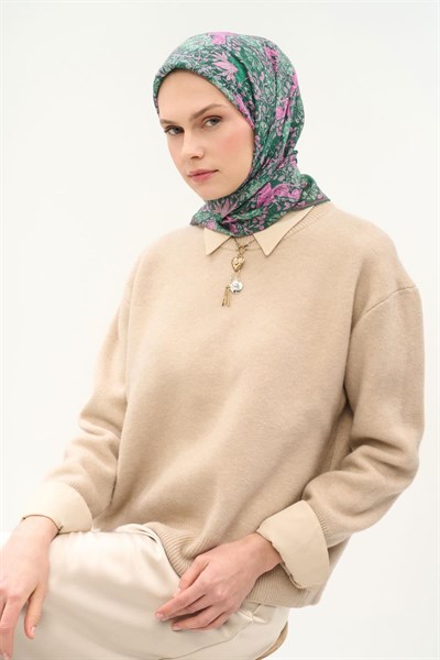 Tencel Monare Eşarp Floral Desen Yeşil 90X90