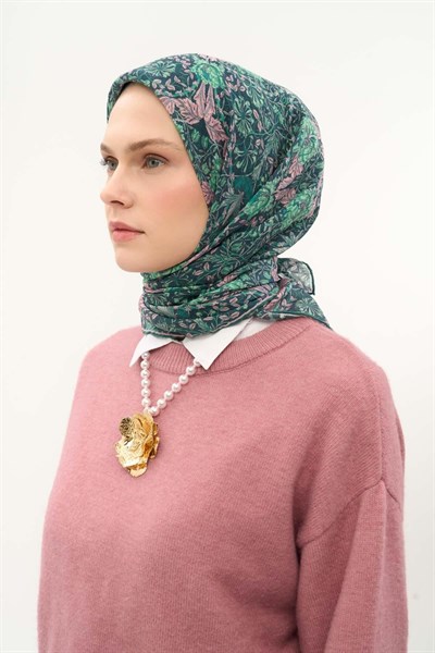Tencel Monare Eşarp Floral Desen Zümrüt Yeşili 90X90