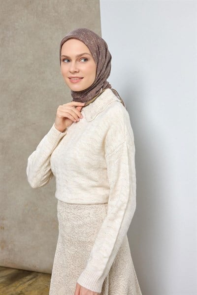 Tencel Monare Eşarp Geometrik Motif Desen Koyu Vizon 90X90