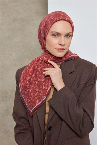 Tencel Monare Eşarp Geometrik Motif Desen Kiremit Kırmızı 90X90