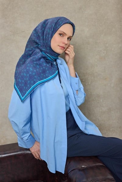 Tencel Monare Eşarp Geometrik Motif Desen Gök Mavi 90X90