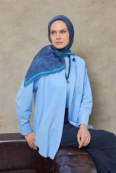 Tencel Monare Eşarp Geometrik Motif Desen Gök Mavi 90X90