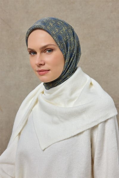 Tencel Monare Eşarp Geometrik Motif Desen Mavi Sarı 90X90
