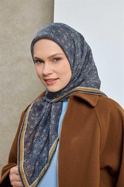 Tencel Monare Eşarp Geometrik Motif Desen Koyu Lacivert 90X90