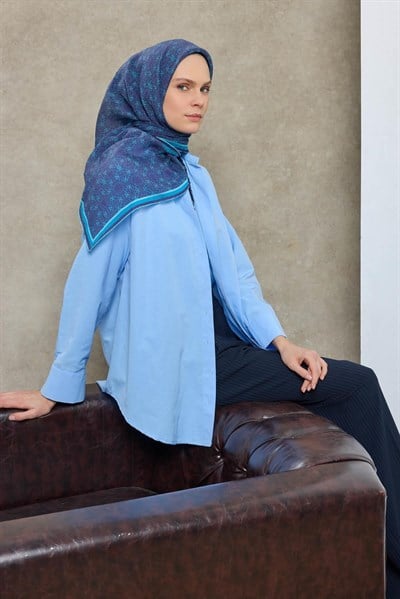 Tencel Monare Eşarp Geometrik Motif Desen Gök Mavi 90X90