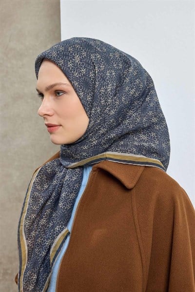 Tencel Monare Eşarp Geometrik Motif Desen Koyu Lacivert 90X90