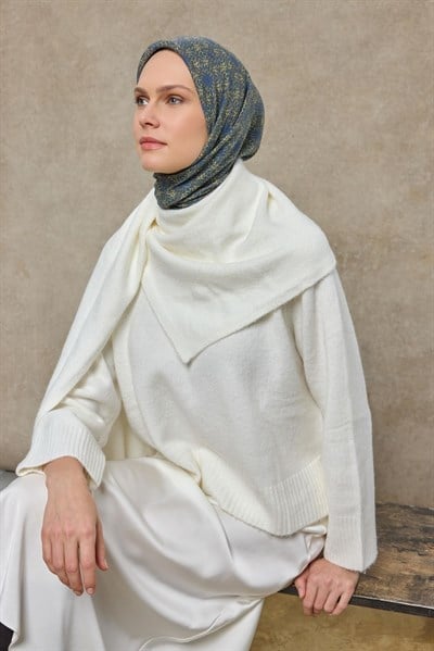 Tencel Monare Eşarp Geometrik Motif Desen Mavi Sarı 90X90