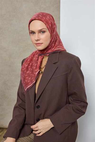 Tencel Monare Eşarp Geometrik Motif Desen Kiremit Kırmızı 90X90