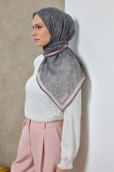 Tencel Monare Eşarp Geometrik Motif Desen Koyu Gri 90X90