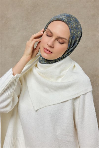 Tencel Monare Eşarp Geometrik Motif Desen Mavi Sarı 90X90