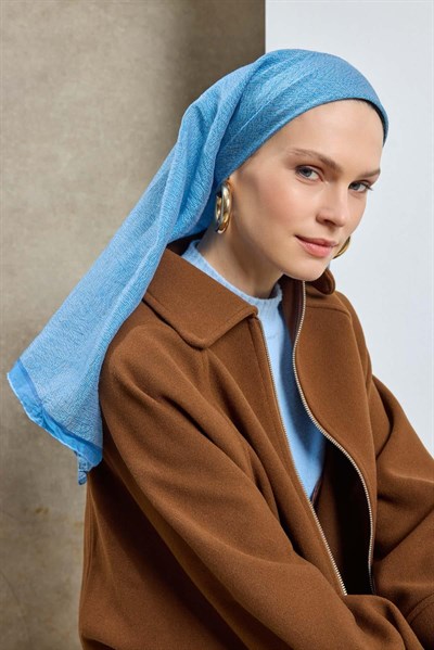 Tencel Monare Eşarp Labirent Desen Gök Mavi 90X90