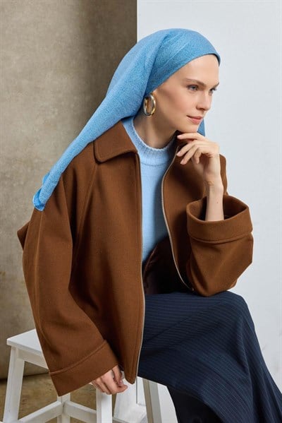 Tencel Monare Eşarp Labirent Desen Gök Mavi 90X90