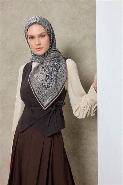 Tencel Monare Eşarp Madalyon Desen Gece Mavisi 90X90