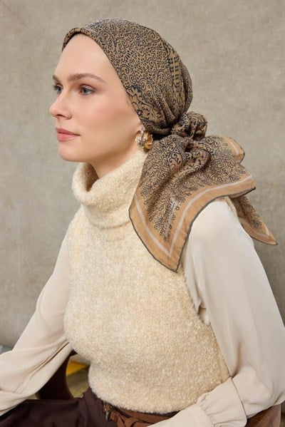 Tencel Monare Eşarp Madalyon Desen Karamel 90X90