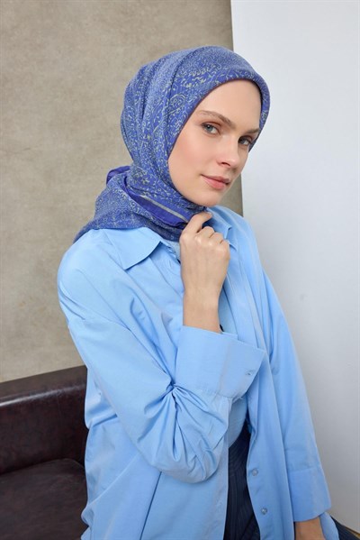 Tencel Monare Eşarp Madalyon Desen Mavi Mor 90X90