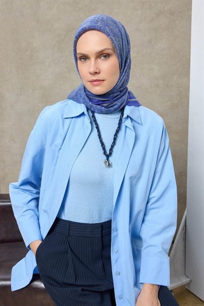 Tencel Monare Eşarp Madalyon Desen Mavi Mor 90X90