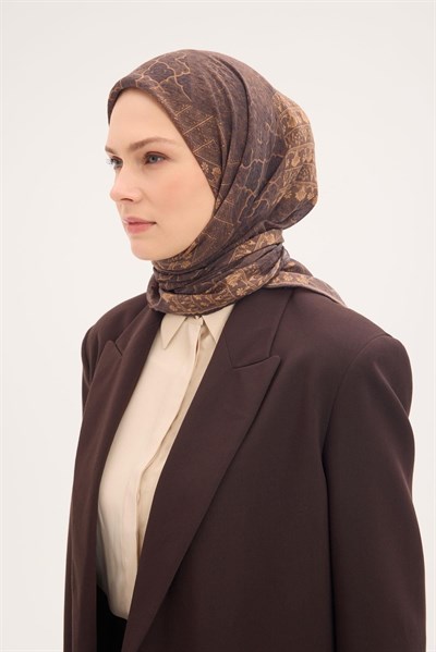 Tencel Monare Eşarp Osmanlı Desen Kahverengi 90X90