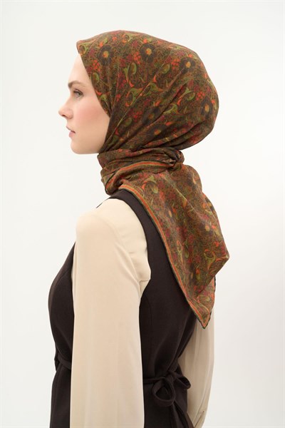 Tencel Monare Eşarp Papatya Desen Kahve Yeşil 90X90