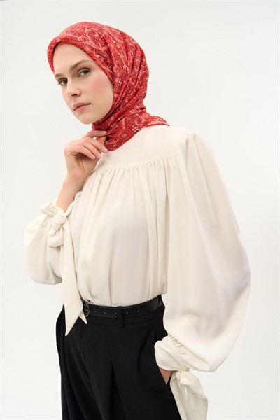 Tencel Monare Eşarp Papatya Desen Koyu Kırmızı 90X90
