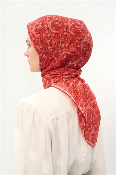 Tencel Monare Eşarp Papatya Desen Koyu Kırmızı 90X90