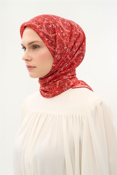 Tencel Monare Eşarp Papatya Desen Koyu Kırmızı 90X90