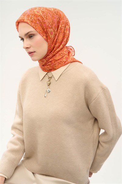 Tencel Monare Eşarp Papatya Desen Koyu Turuncu 90X90