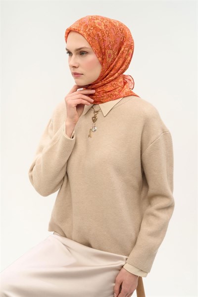 Tencel Monare Eşarp Papatya Desen Koyu Turuncu 90X90