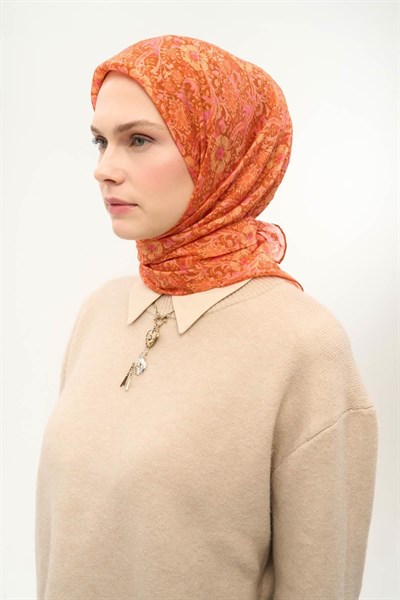 Tencel Monare Eşarp Papatya Desen Koyu Turuncu 90X90