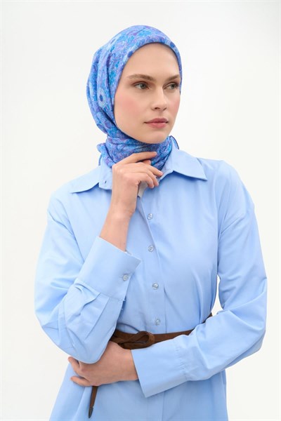 Tencel Monare Eşarp Papatya Desen Mavi Lila 90X90