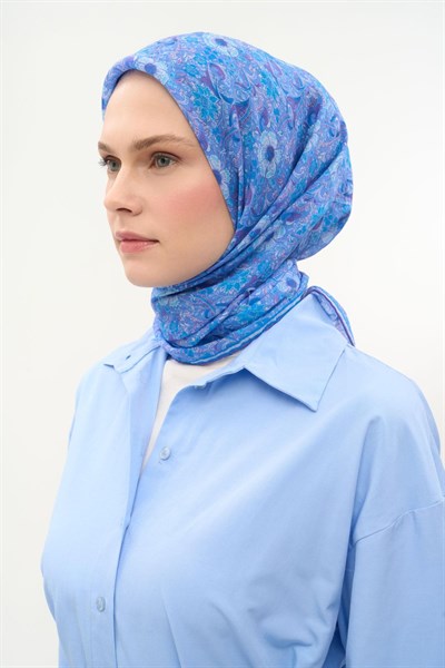Tencel Monare Eşarp Papatya Desen Mavi Lila 90X90