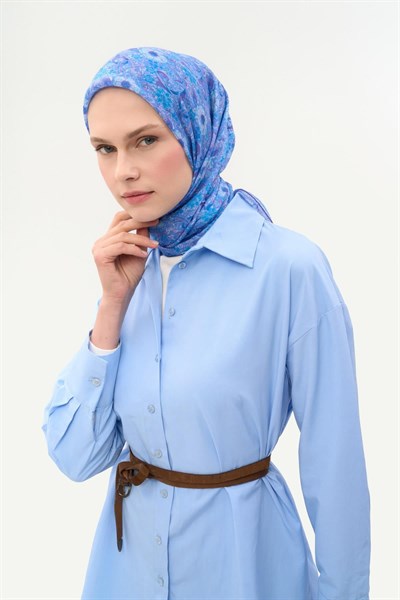 Tencel Monare Eşarp Papatya Desen Mavi Lila 90X90