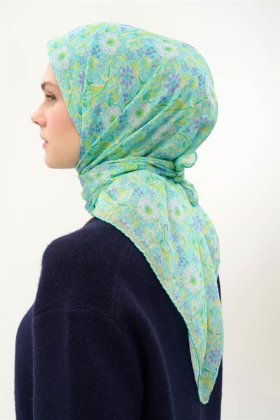 Tencel Monare Eşarp Papatya Desen Turkuaz 90X90