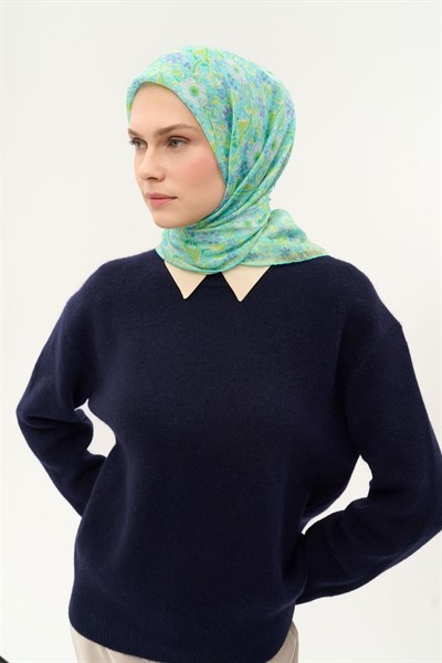 Tencel Monare Eşarp Papatya Desen Turkuaz 90X90