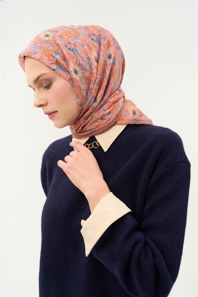 Tencel Monare Eşarp Papatya Desen Turuncu Somon 90X90