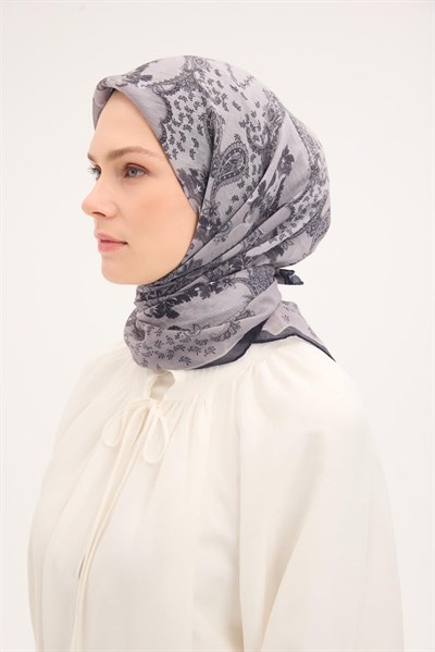 Tencel Monare Eşarp Şal Desen Açık Gri 90x90