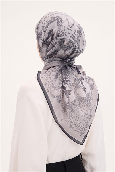 Tencel Monare Eşarp Şal Desen Açık Gri 90x90