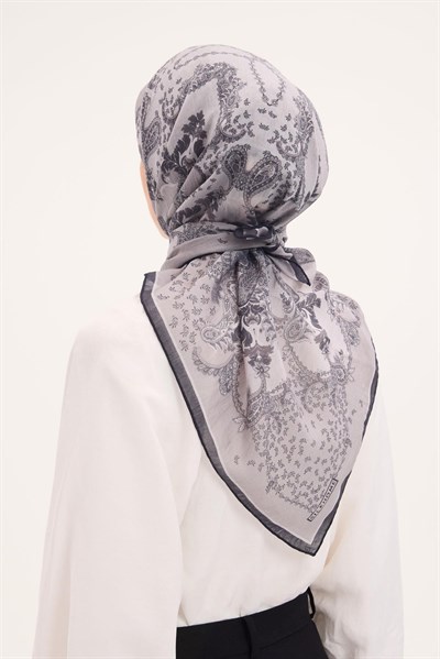 Tencel Monare Eşarp Şal Desen Açık Gri 90x90