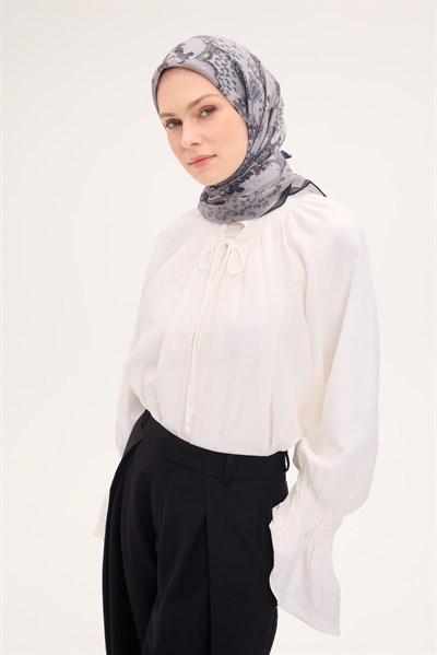 Tencel Monare Eşarp Şal Desen Açık Gri 90x90