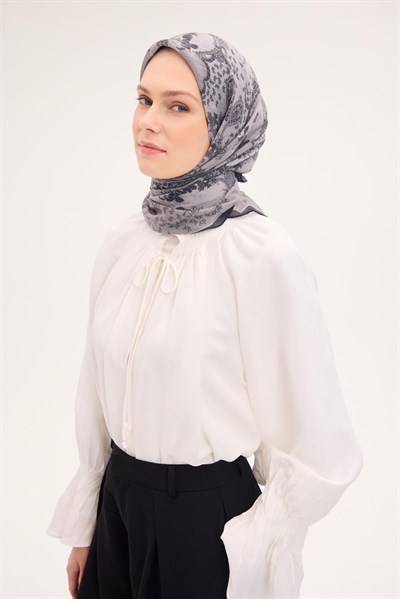 Tencel Monare Eşarp Şal Desen Açık Gri 90x90