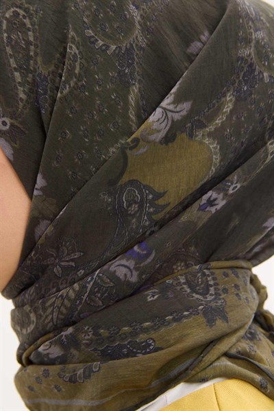Tencel Monare Eşarp Şal Desen Asker Yeşili 90x90