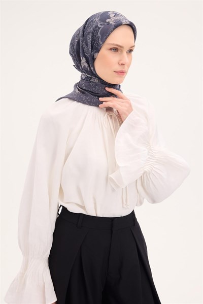 Tencel Monare Eşarp Şal Desen Koyu Indigo 90x90