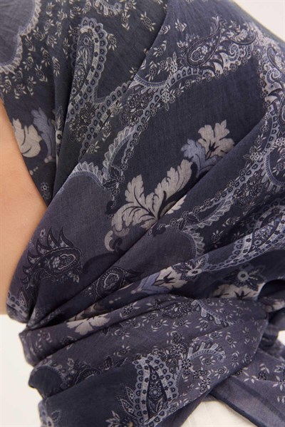 Tencel Monare Eşarp Şal Desen Koyu Indigo 90x90