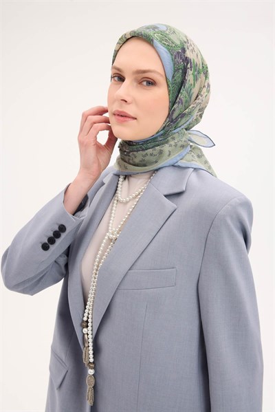 Tencel Monare Eşarp Şal Desen Pastel Yeşil 90x90
