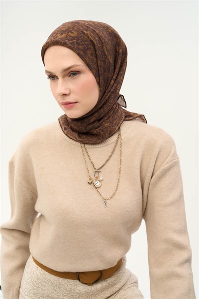 Tencel Monare Eşarp Saray Baharı Desen Acı Kahve 90X90