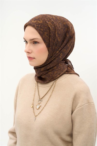 Tencel Monare Eşarp Saray Baharı Desen Acı Kahve 90X90